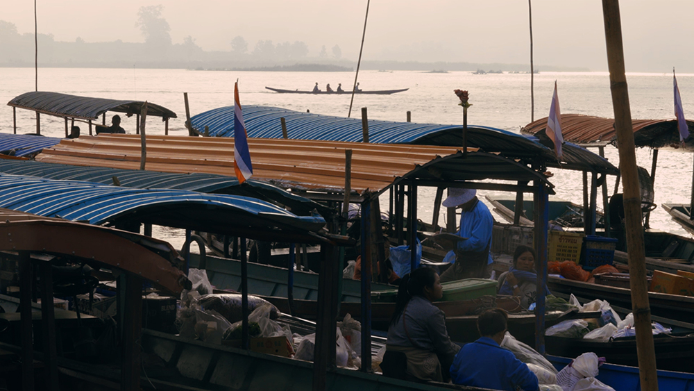 Roofs of boats along the river.