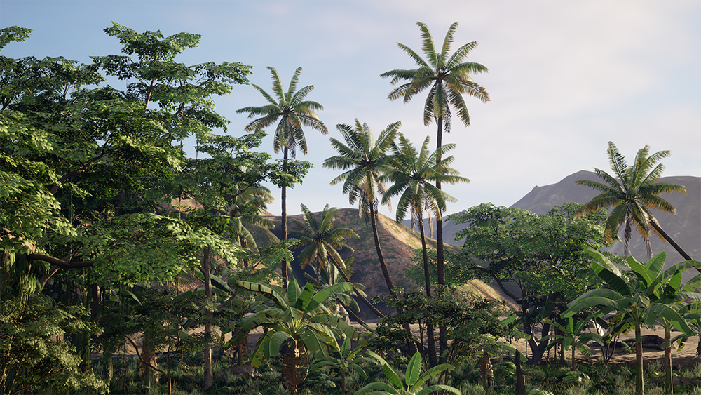 A digitised landscape featuring palm trees.