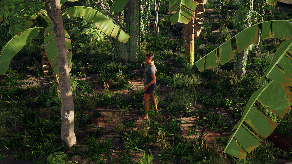 An avatar in a jungle with banana trees surrounding them.