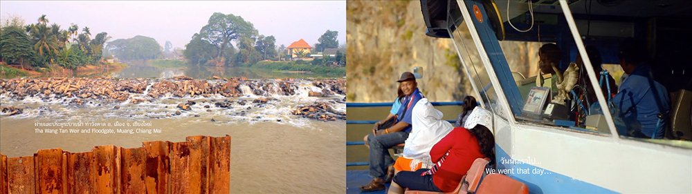 Two video screenshots showing a dammed river and the other of people on a boat.