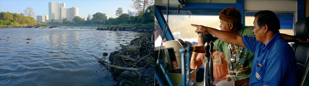 Two video screenshots, one showing a dammed river, the other two men steering a boat.