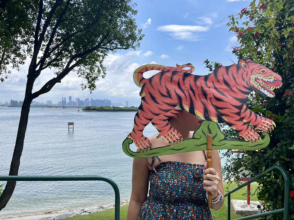 A person holding a tiger cut out in front of their face.