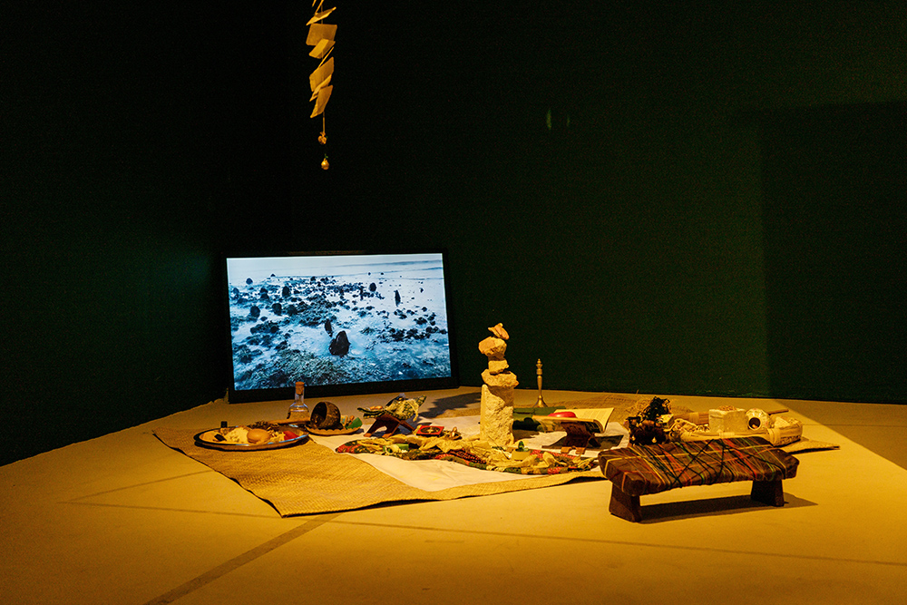 A screen showing a low-tide shore with an installation of rocks and other items in front of it.