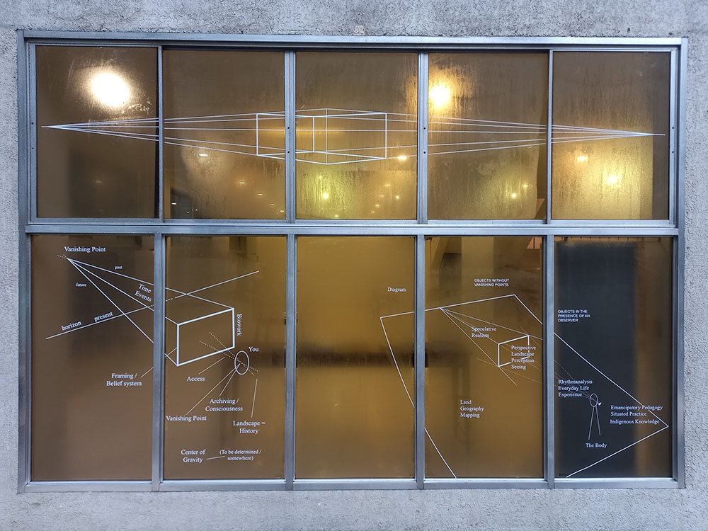 A window with 3D drawings and symbols.