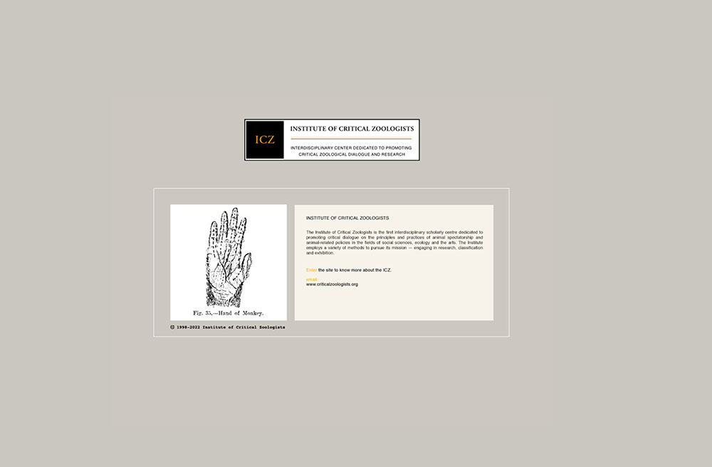 Website view of home page for 'Institute of Critical Zoologists'.