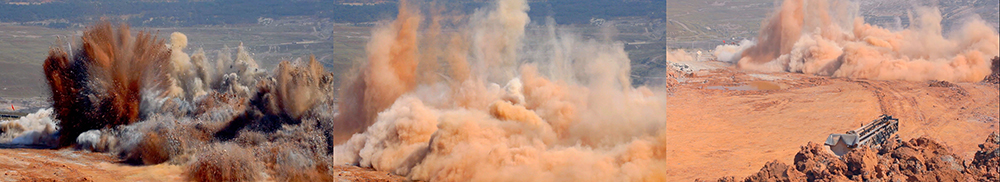 Three video screenshots of land being blown up.