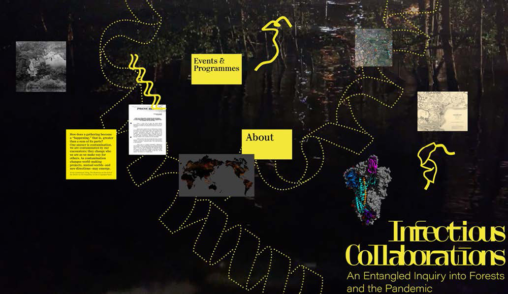 Website screenshot titled 'Infectious Collaborations: An Entangled Inquiry into Forests and the Pandemic."